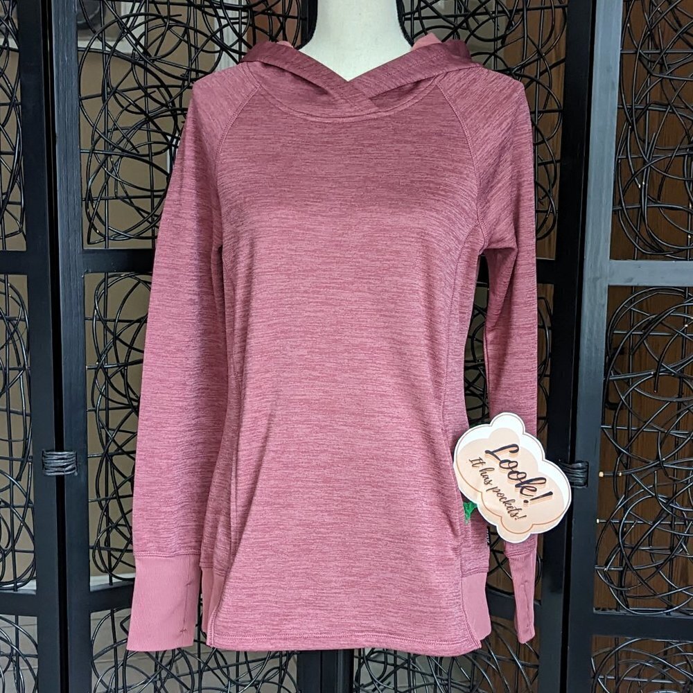 RBX Size Medium Rose Color Hooded Active top Long Sleeve Pockets Thumbholes EUC